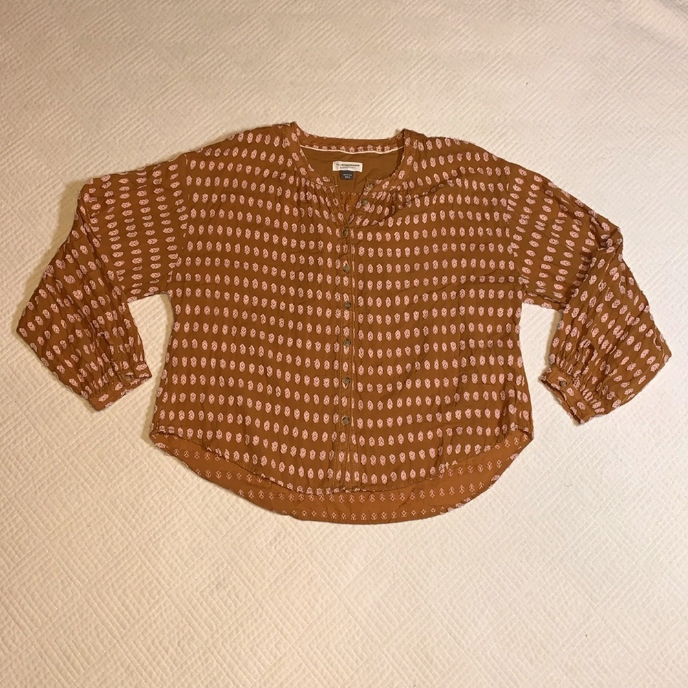 Anthropologie Rust Orange Printed Peasant Blouse - Picture 7 of 16